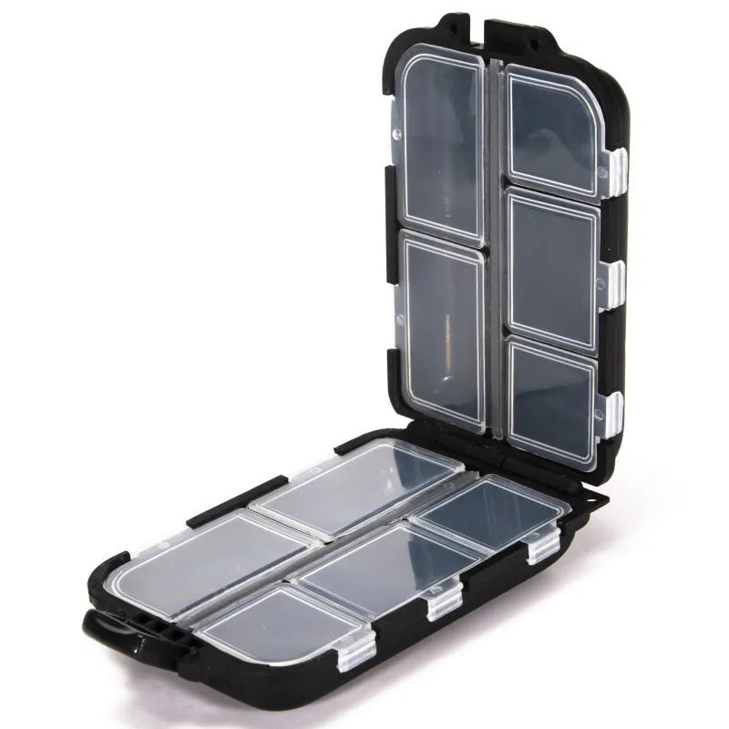 Plastic fishing tackle storage box with 10 compartments in black colour