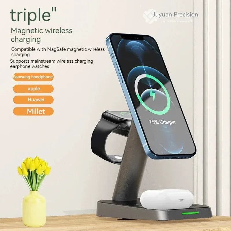 Black cubic 3-in-1 vertical wireless phone charger with integrated watch charger and 10000mAh power bank.