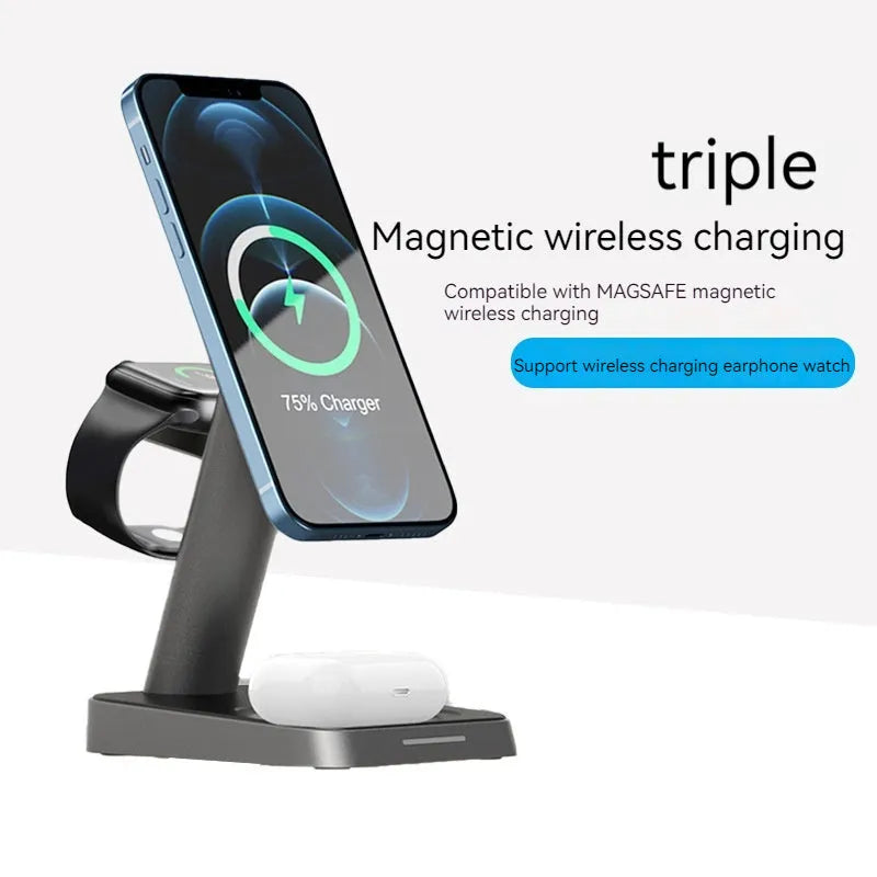 Black cubic 3-in-1 vertical wireless phone charger with integrated watch charger and 10000mAh power bank.