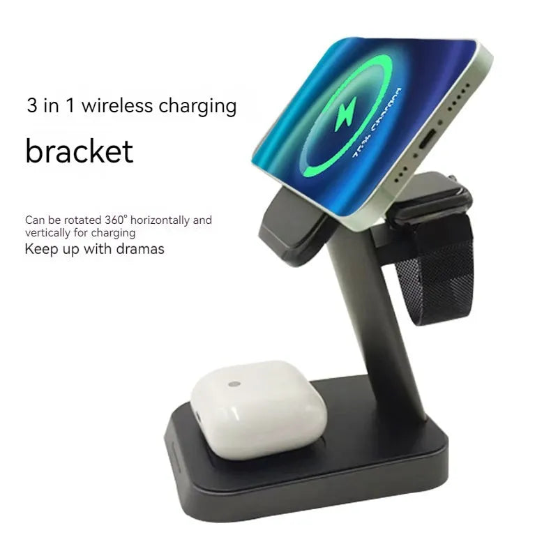 Black cubic 3-in-1 vertical wireless phone charger with integrated watch charger and 10000mAh power bank.