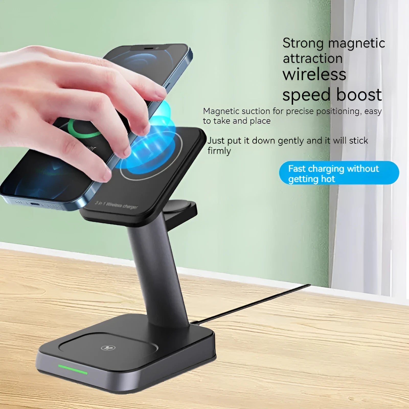 Black cubic 3-in-1 vertical wireless phone charger with integrated watch charger and 10000mAh power bank.
