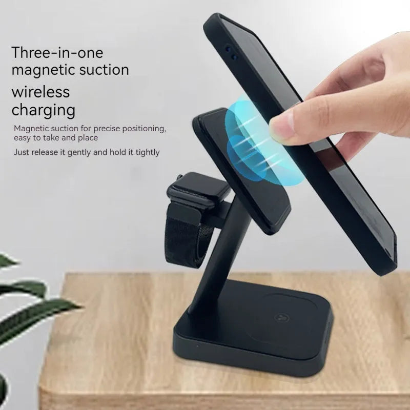 Black cubic 3-in-1 vertical wireless phone charger with integrated watch charger and 10000mAh power bank.