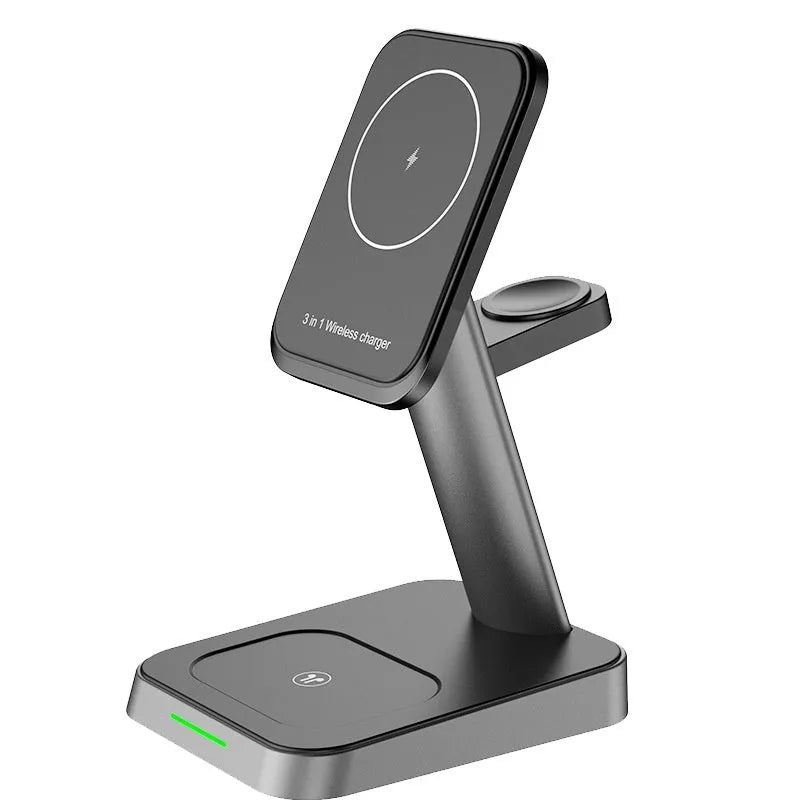 Black cubic 3-in-1 vertical wireless phone charger with integrated watch charger and 10000mAh power bank.