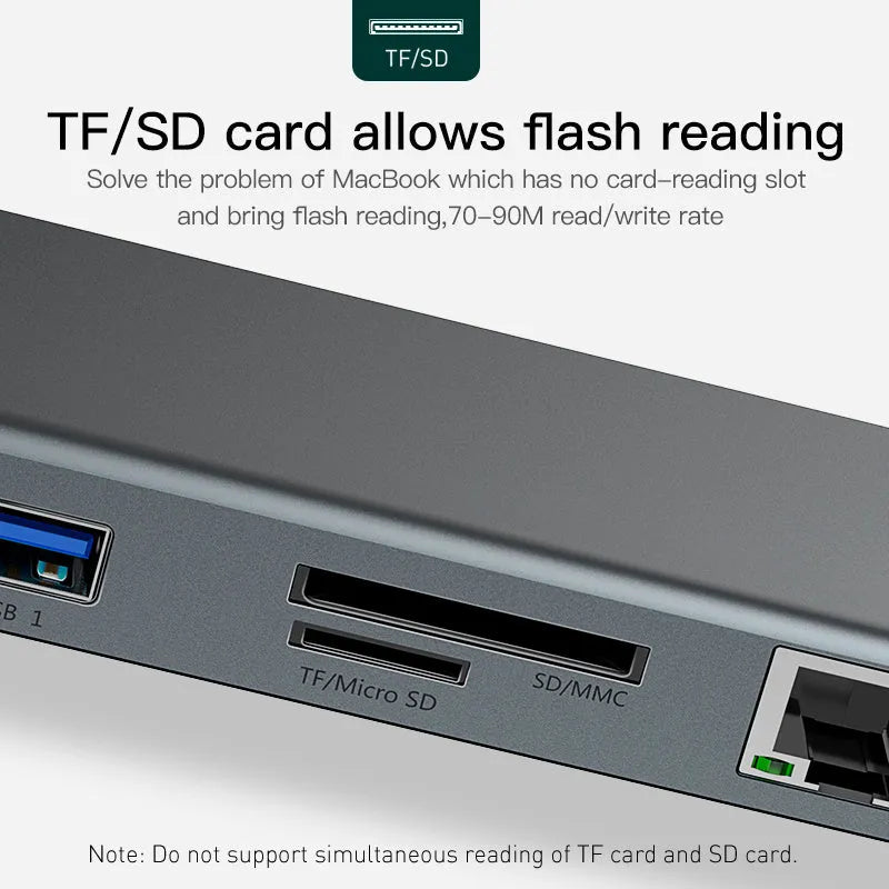 Ten-port aluminium alloy hub docking station with cooling bracket showing multiple connectivity ports