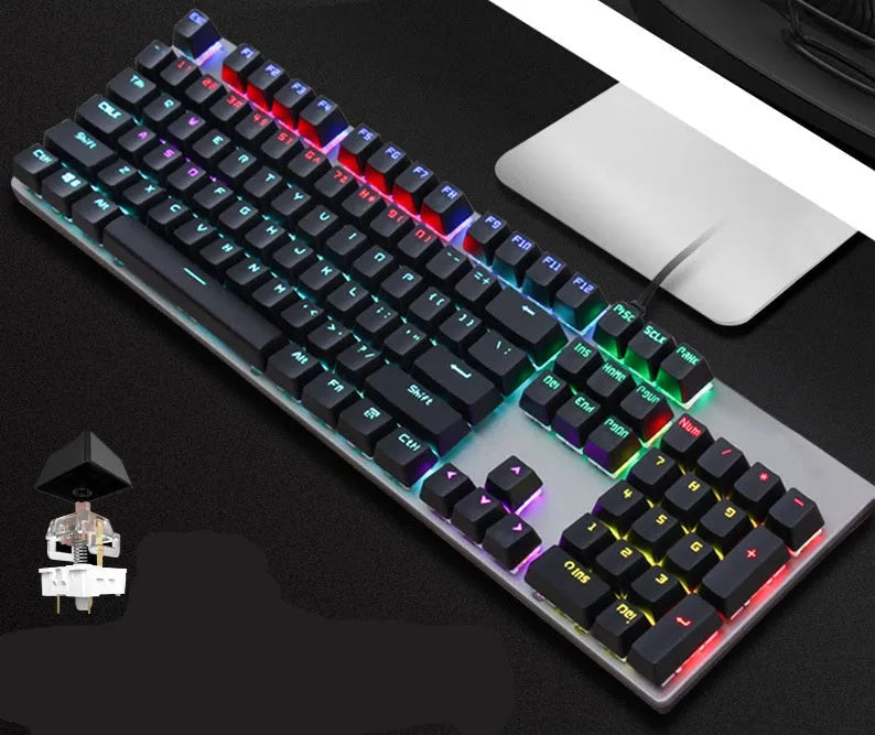 AOC GK410 full-size mechanical keyboard with metal chassis and backlit keys on a desk