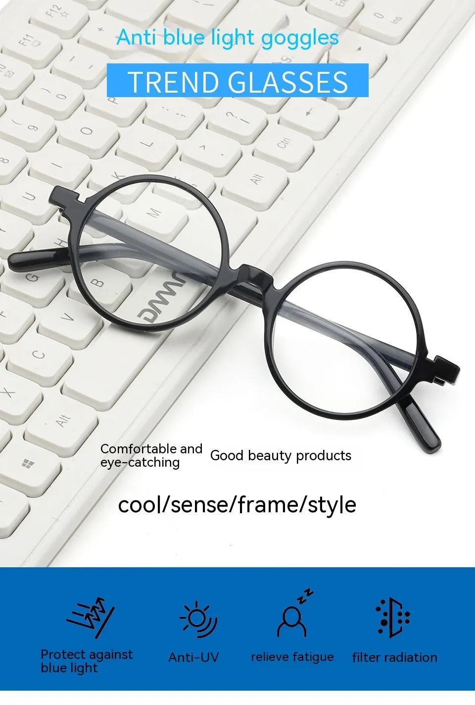 Retro round flat lens glasses in bright black, sand black, tofu pudding and transparent grey PC frames.