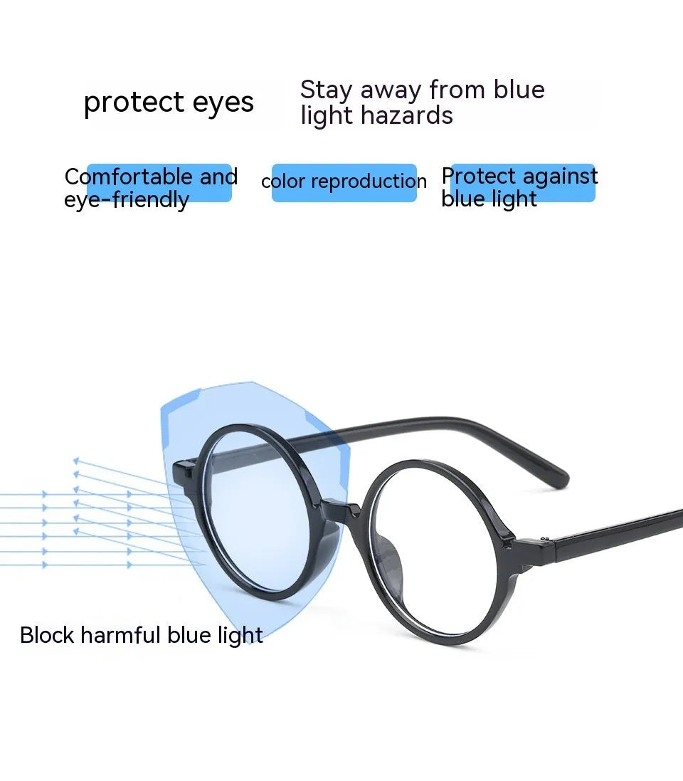 Retro round flat lens glasses in bright black, sand black, tofu pudding and transparent grey PC frames.