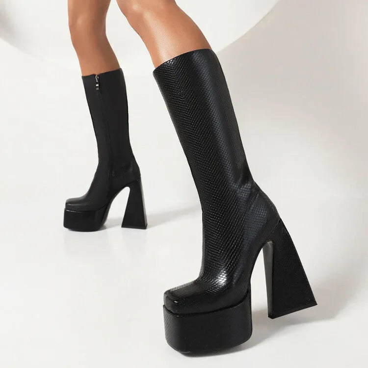 Women's casual high-top boots in black, red, blue, and white colours, showing the PU upper material.