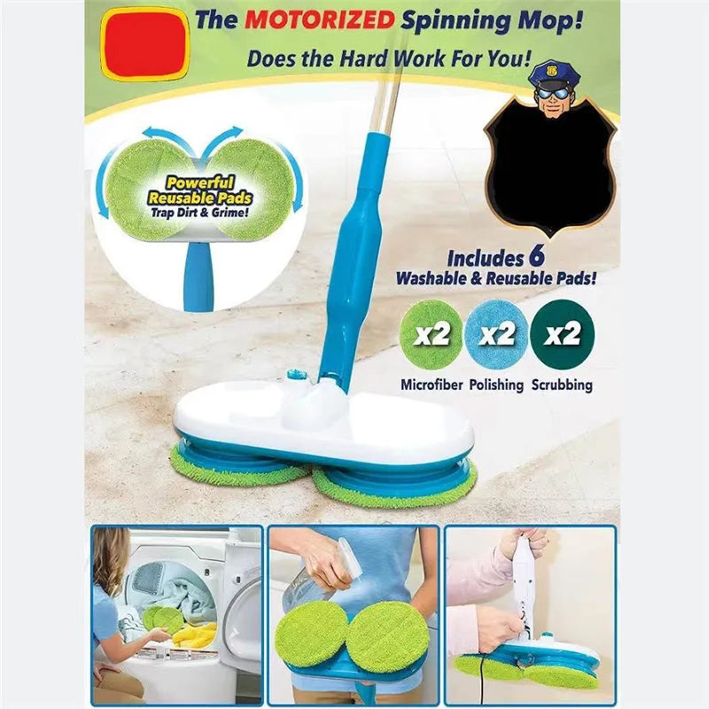 Household wireless electric floor mop with USB charging port and assorted microfiber, polishing, and scrubbing cloths.