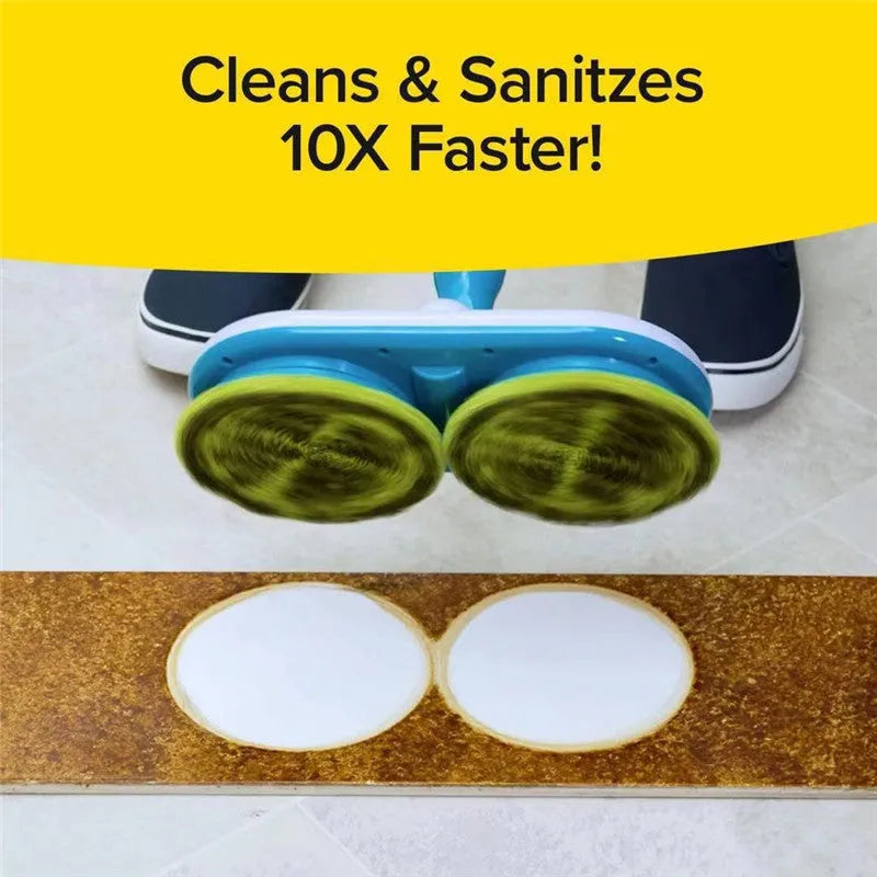 Household wireless electric floor mop with USB charging port and assorted microfiber, polishing, and scrubbing cloths.