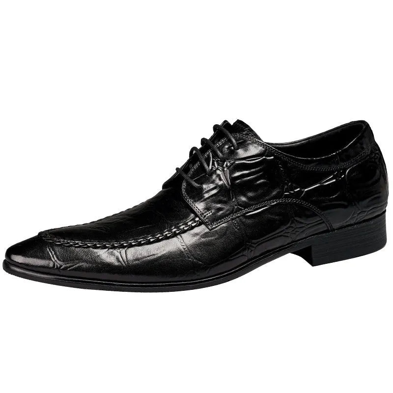 Men's black and brown British-style leather shoes with alligator grain and a horse bit buckle.