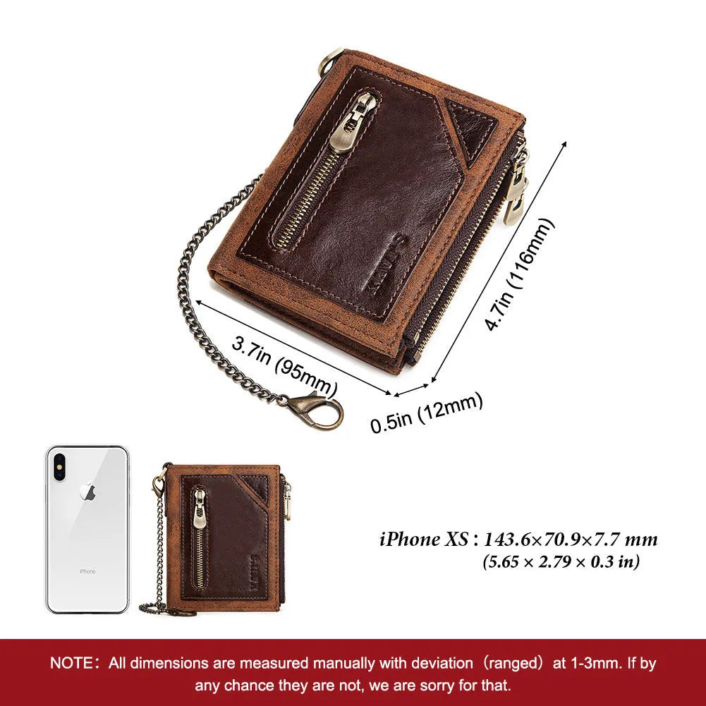Dark brown genuine leather men's wallet with RFID anti-theft protection and chain detail