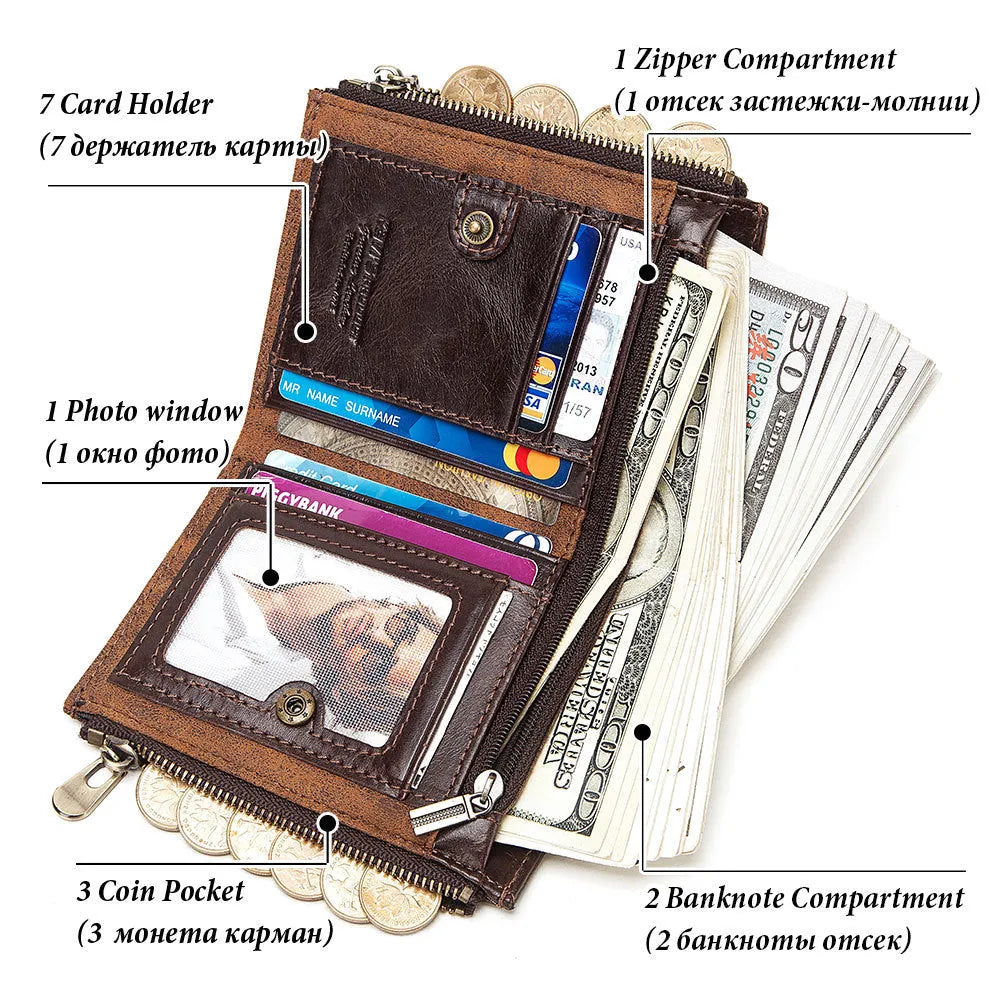 Dark brown genuine leather men's wallet with RFID anti-theft protection and chain detail