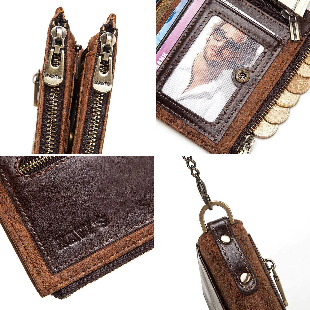 Dark brown genuine leather men's wallet with RFID anti-theft protection and chain detail