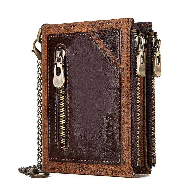 Dark brown genuine leather men's wallet with RFID anti-theft protection and chain detail