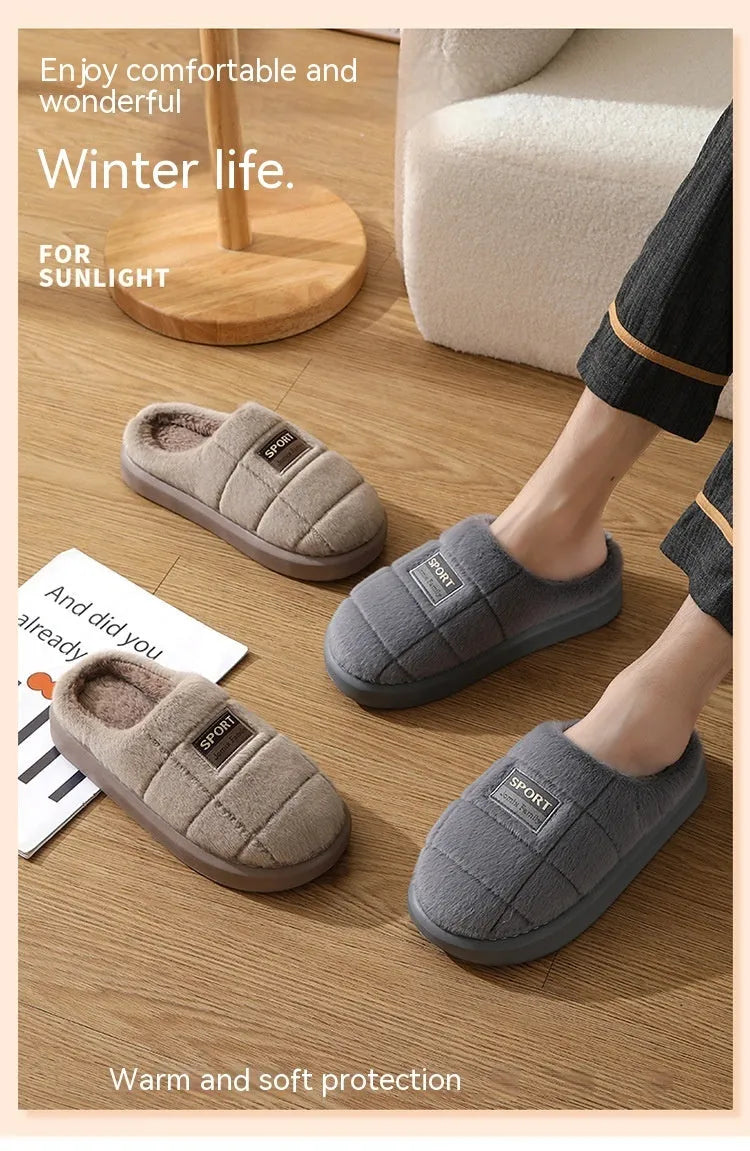 Men's grey and brown plaid rabbit hair slippers with thick wool lining and a flat EVA sole.