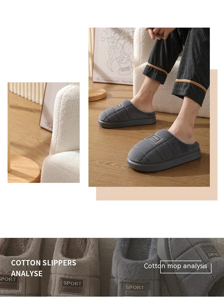 Men's grey and brown plaid rabbit hair slippers with thick wool lining and a flat EVA sole.