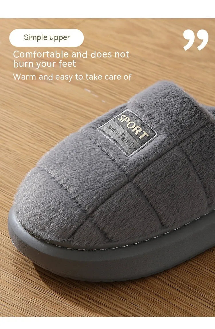 Men's grey and brown plaid rabbit hair slippers with thick wool lining and a flat EVA sole.