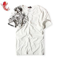 Chinese style embroidery T-shirt with carp tattoo pattern, 100% cotton, loose fit, round neck, short sleeves, available in black and white