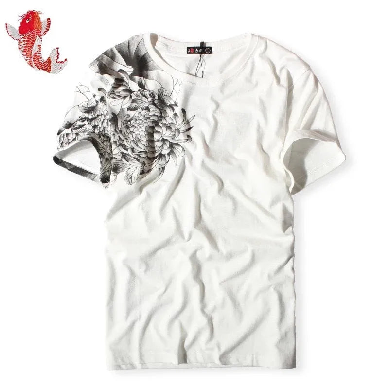 Chinese style embroidery T-shirt with carp tattoo pattern, 100% cotton, loose fit, round neck, short sleeves, available in black and white