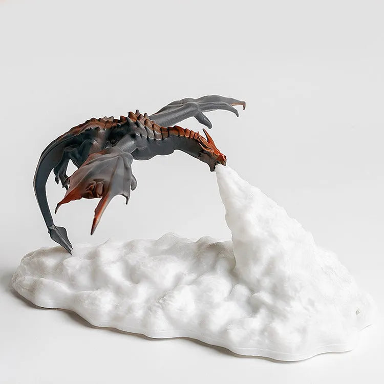 3D printed dragon-shaped night lamp with warm red glowing light effect on a dark background.