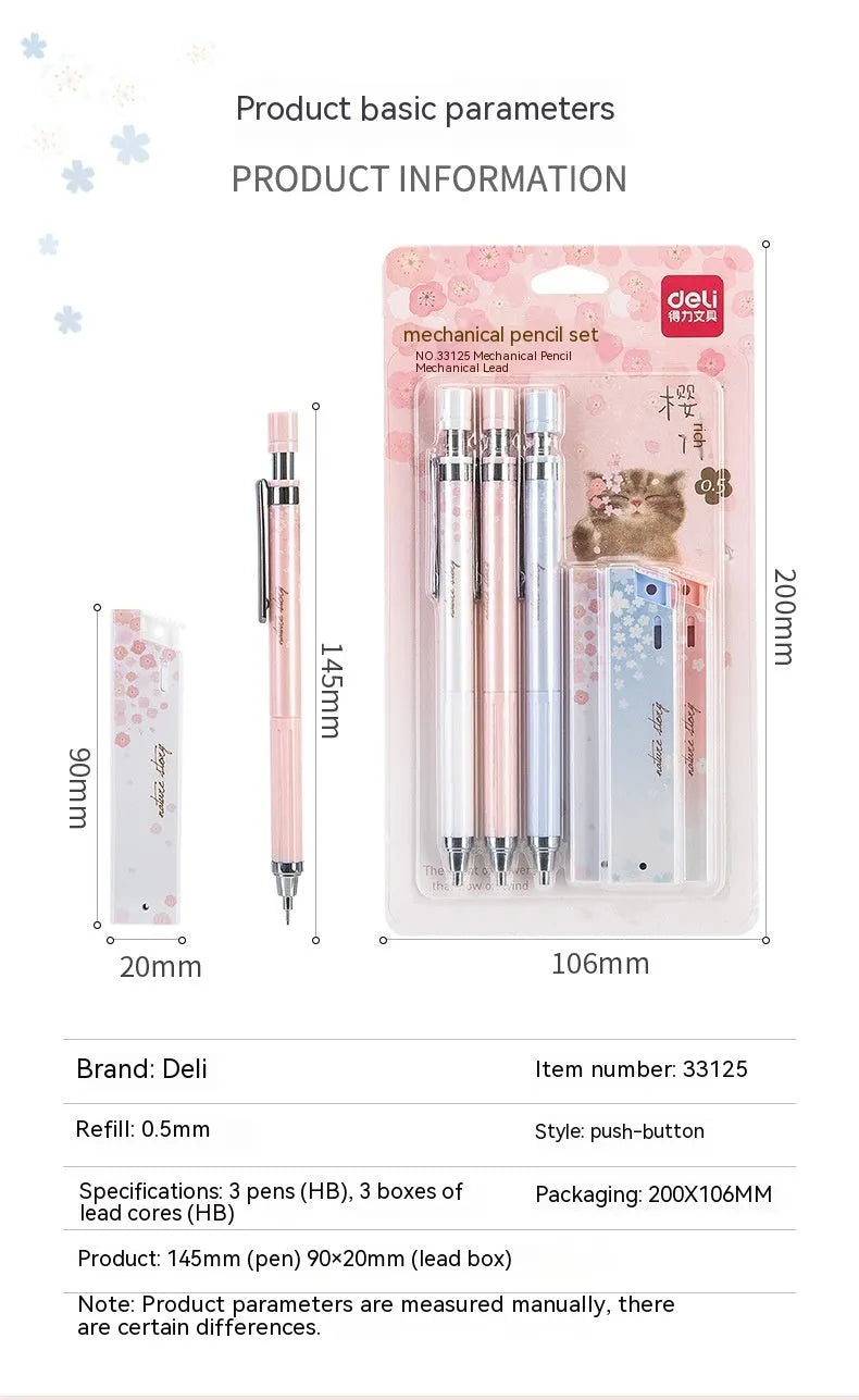 Three automatic pencils with cartoon Sakura law design and HB refill boxes