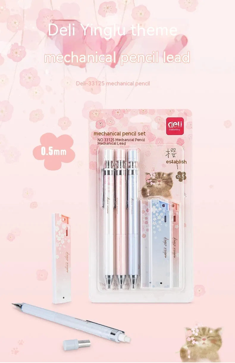 Three automatic pencils with cartoon Sakura law design and HB refill boxes