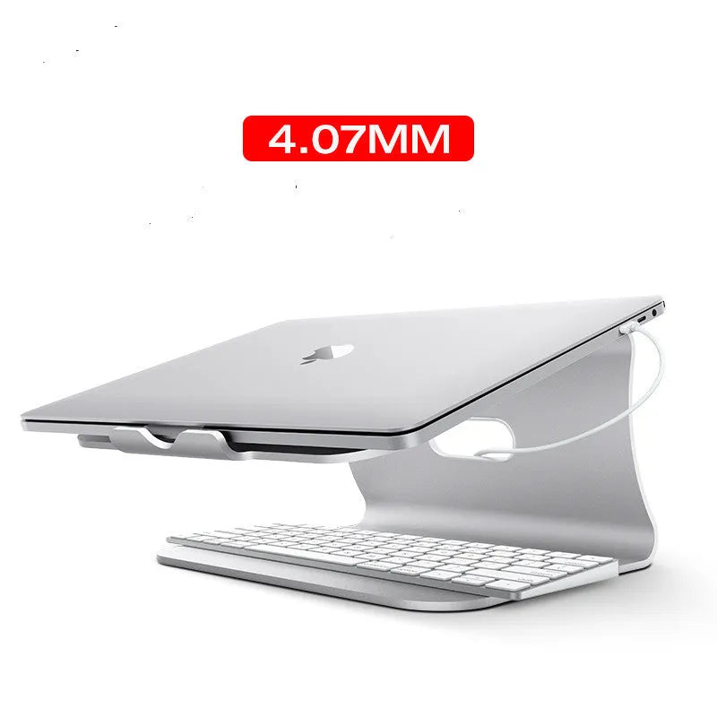 Aluminium alloy laptop cooling bracket with rotary hinge in grey and silver stripe options.