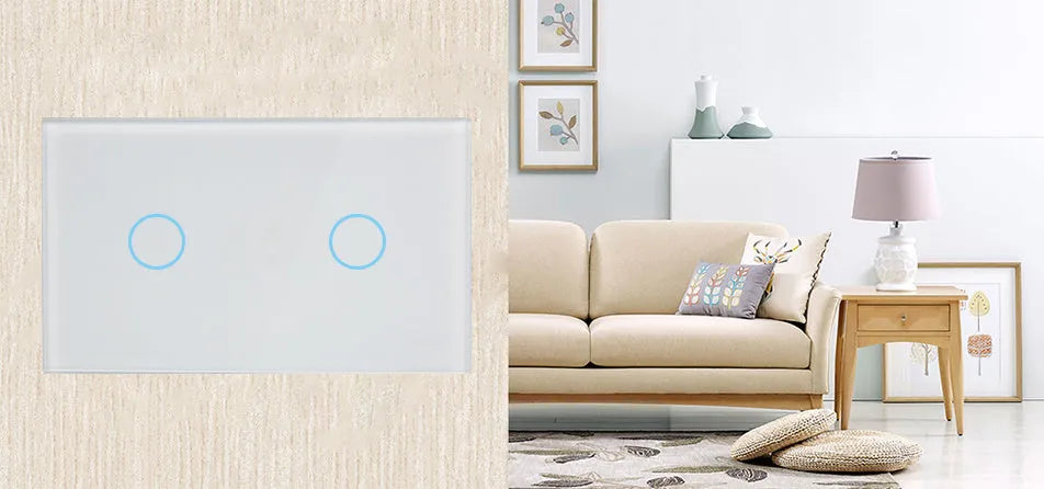 Modern 2-gang tempered glass touch light switch with white finish and blue LED indicator