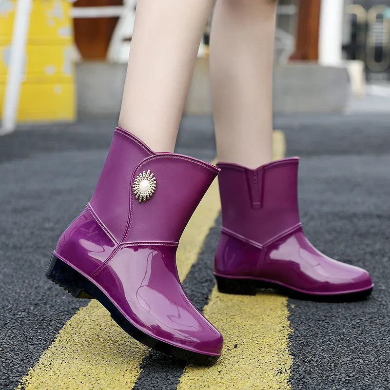 Women's PVC rain boots in beige colour with low tube design and non-slip soles