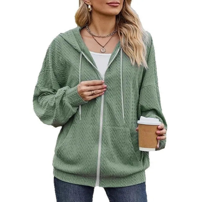 Green women's hooded zip-up sweater coat in loose Japanese Korean casual style