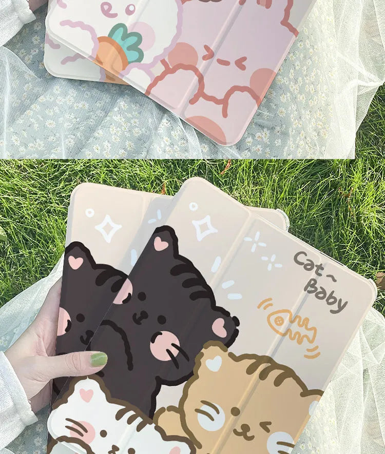 Silicone rabbit cartoon tri-fold protective case for iPad in stand mode.