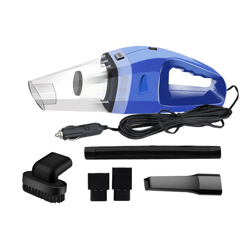 Orange portable handheld car vacuum cleaner with nozzles and a long power cord for 12V socket use.