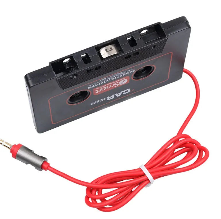 Black plastic audio cassette adapter with 3.5mm jack cable for converting car stereos to accept mobile phone audio