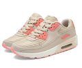 Women's low-heel casual shoes in beige orange, grey, and pink purple on a white background.