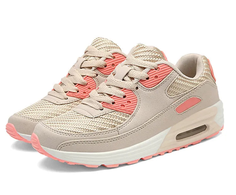 Women's low-heel casual shoes in beige orange, grey, and pink purple on a white background.