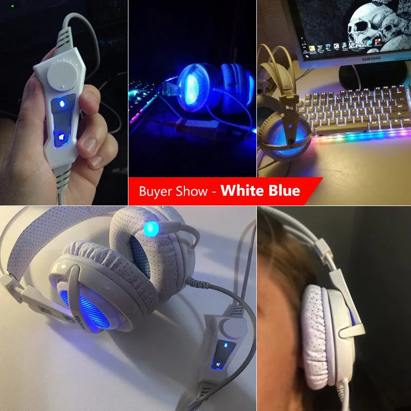 Black and white 7.1 USB gaming headset with LED lights on earcups and memory foam cushions.