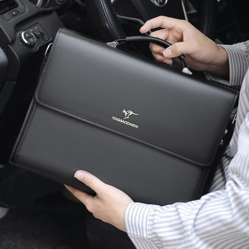 Men's horizontal waterproof PU leather briefcase in black for business commute