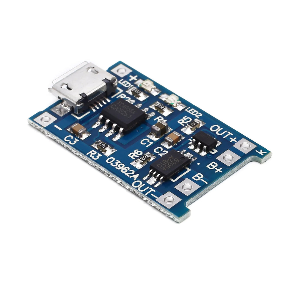 Blue lithium battery charging and protection circuit board measuring 2.6cm by 1.7cm