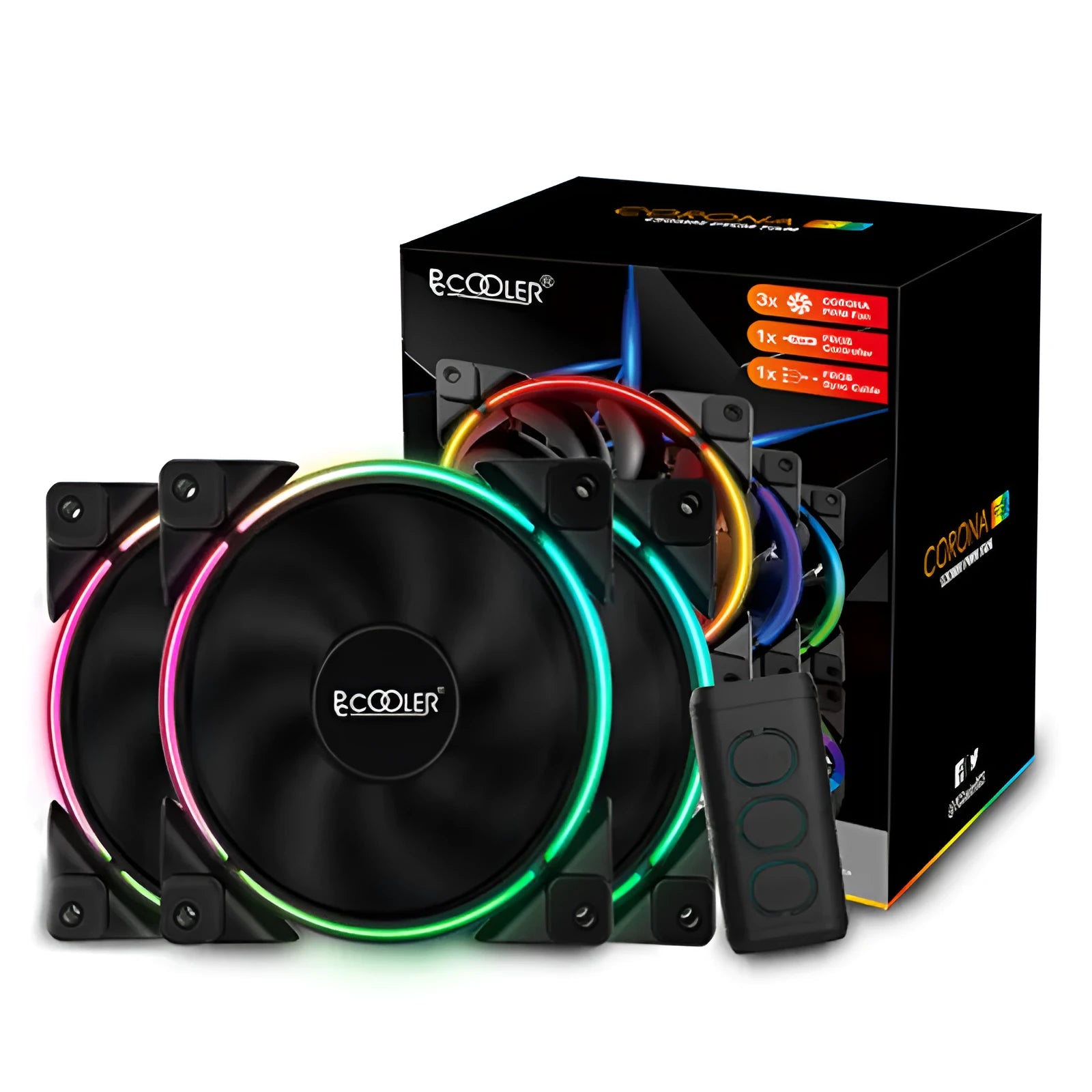 Three black 12cm PC case fans with RGB lighting blades and hydraulic bearings.