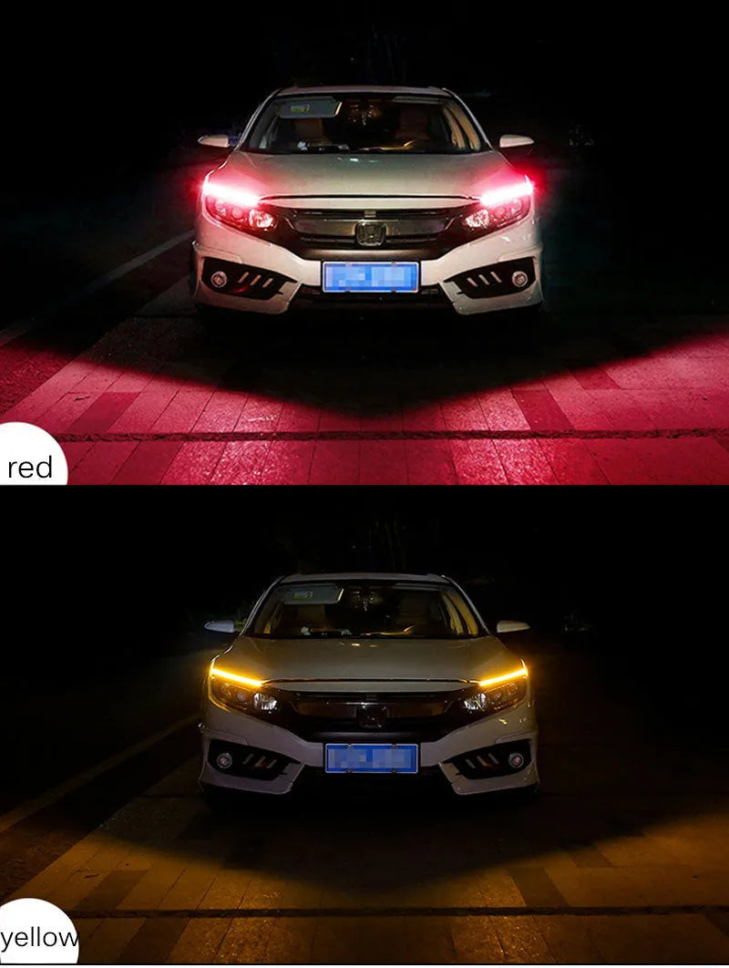 Car LED daytime running light strip with flowing turn signal indicators in silicone housing