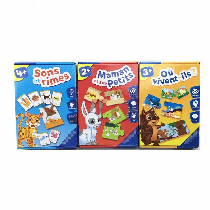 French educational puzzle toy with 12 picture-word pairs for children aged 2+