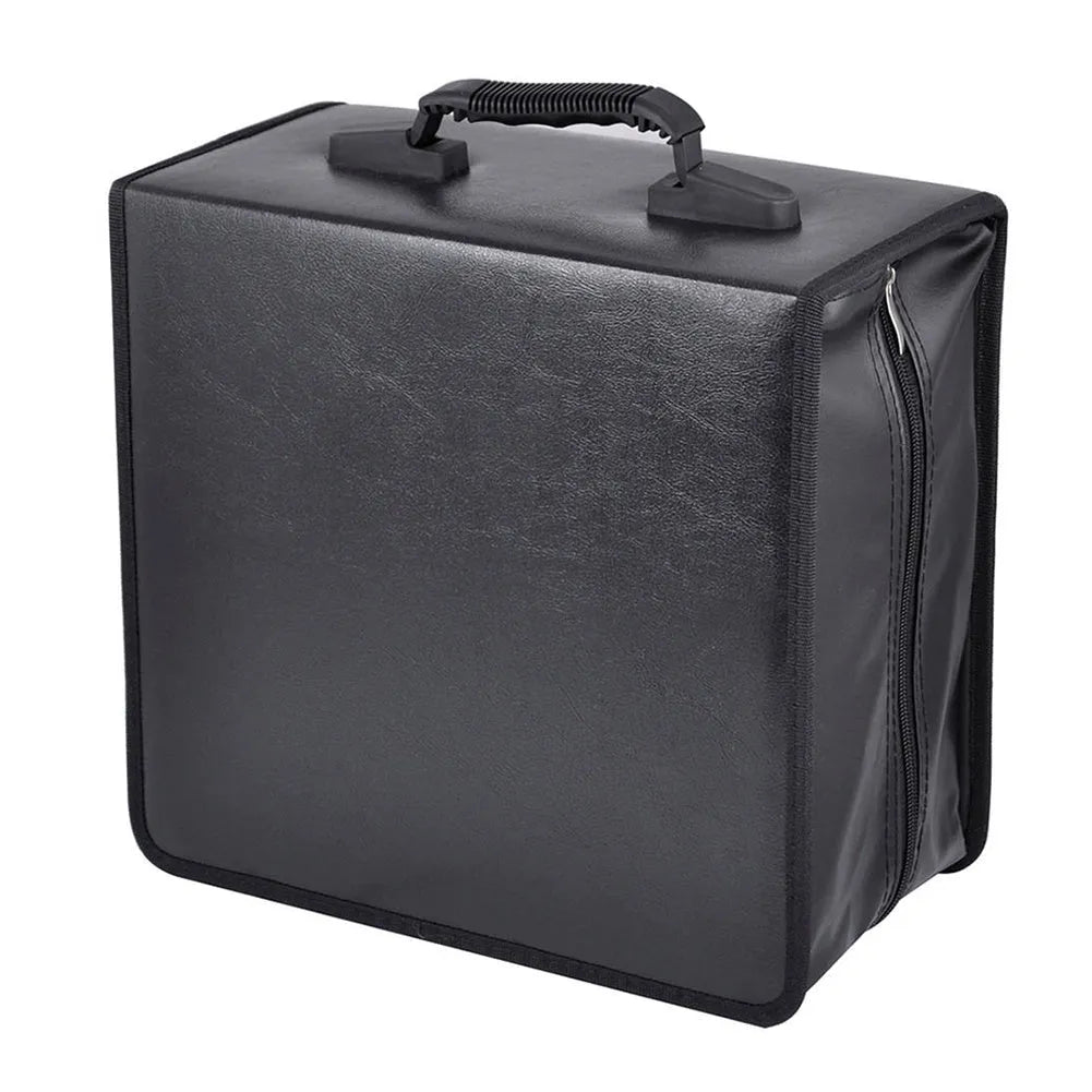 Black Oxford fabric CD DVD storage organiser case with a zipper and top hand strap, showing multiple disc sleeves inside.