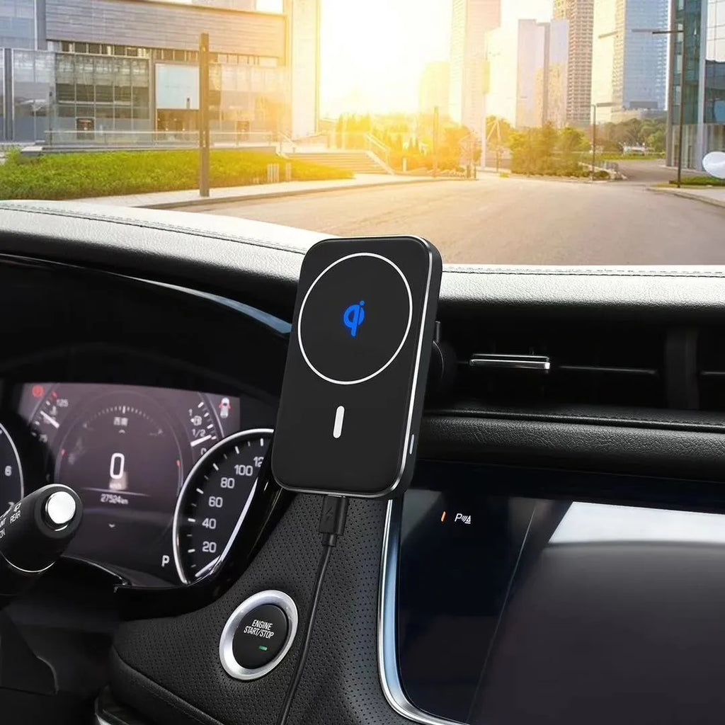 Black M6 magnetic wireless car charger bracket with phone mounted showing LED indicator