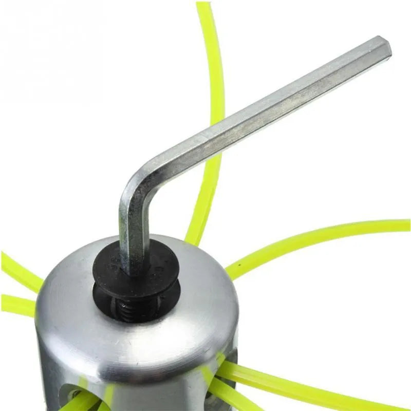 Silver aluminium lawn mower cylinder grass head accessory with four light yellow grass ropes