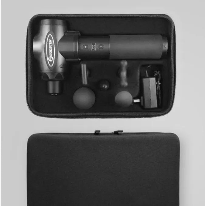 Black and white percussion muscle massage gun with adjustable speed settings