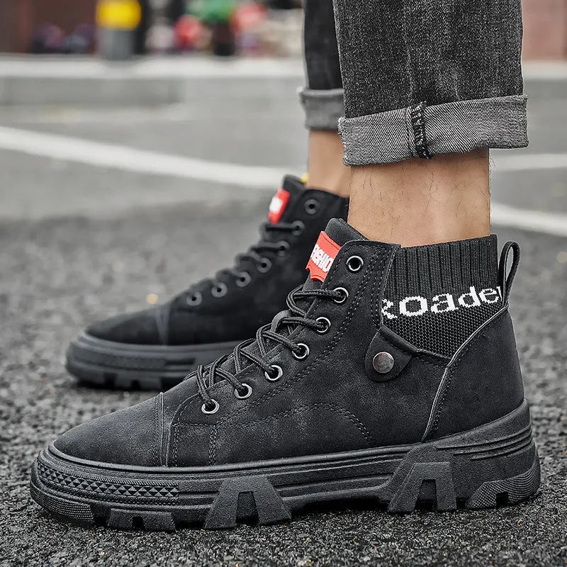 Men's high top Martin boots with square heel, round toe, and car suture detailing in black