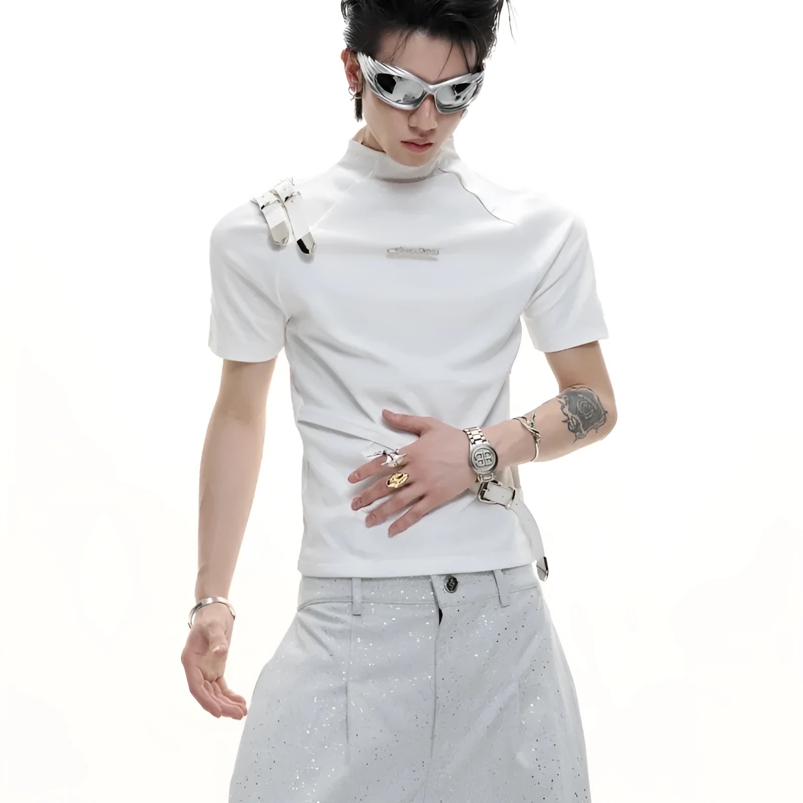 Men's black slim fit cotton T-shirt with metal belt detail and stand-up collar
