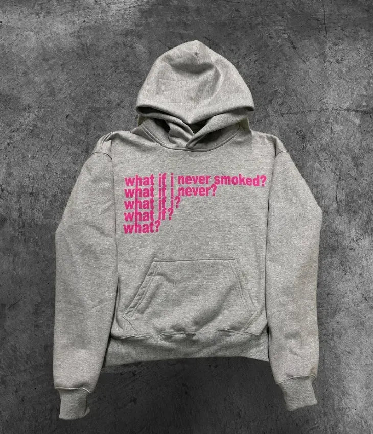 Black hooded sweater with white letter print pattern showing front view with hood up