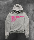 Black hooded sweater with white letter print pattern showing front view with hood up